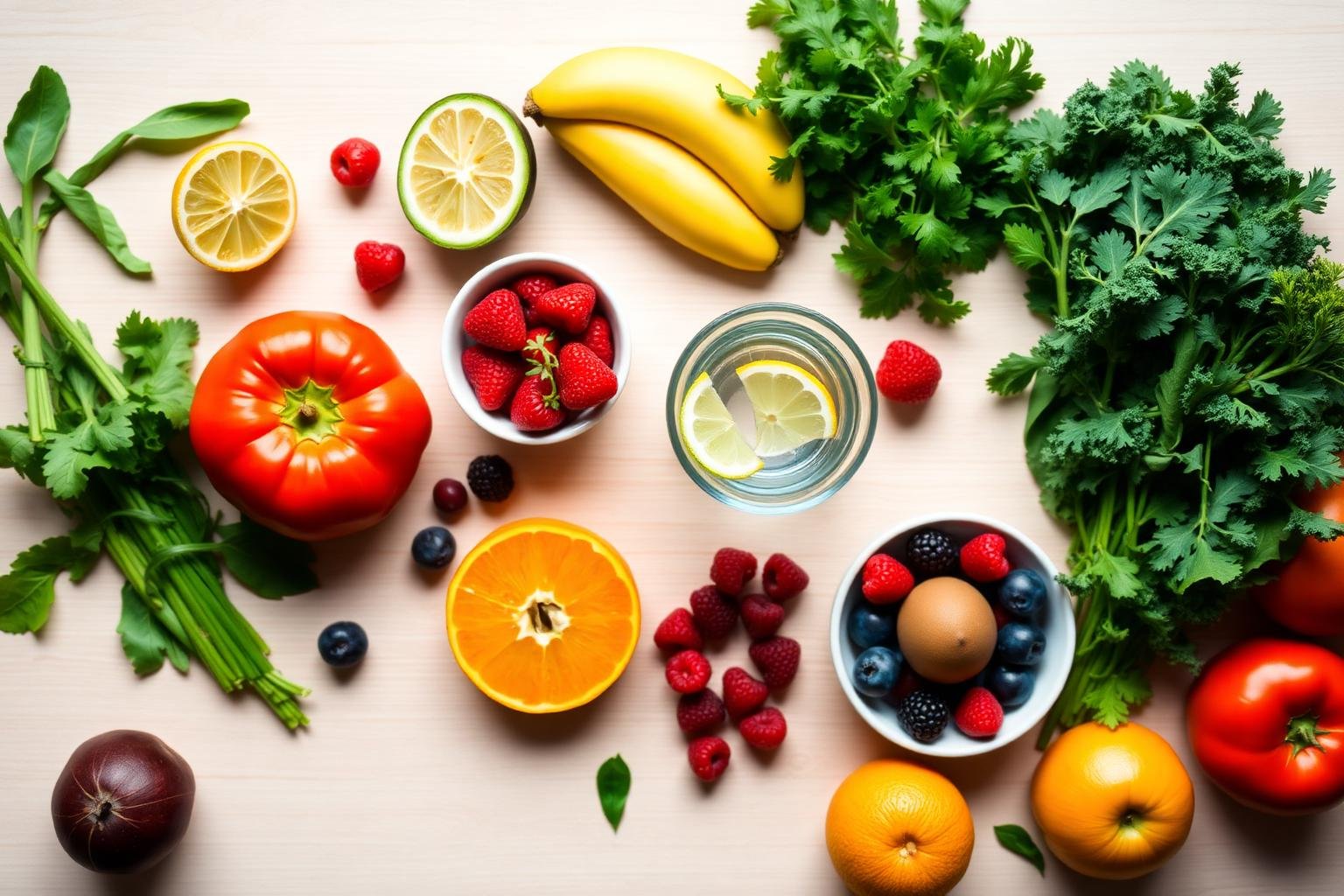 Alimentos frescos, coloridos y naturales dispuestos sobre una mesa