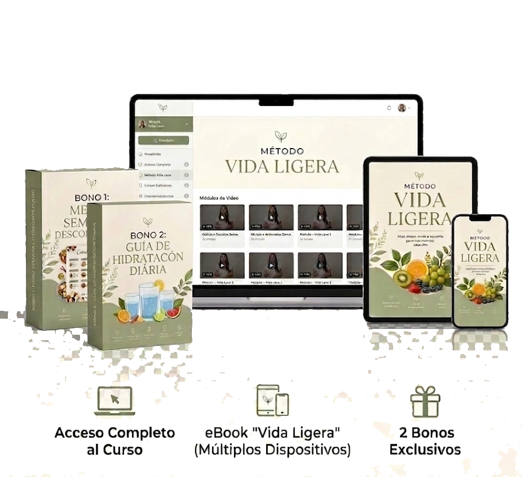 Mockup del Método Vida Leve en laptop, tablet y celular, con las cajas de los bonos 1 y 2